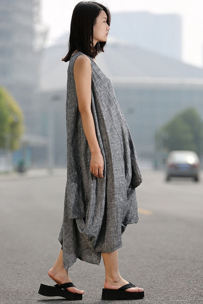 Grey Loose-Fitting V neck Linen Dress C257