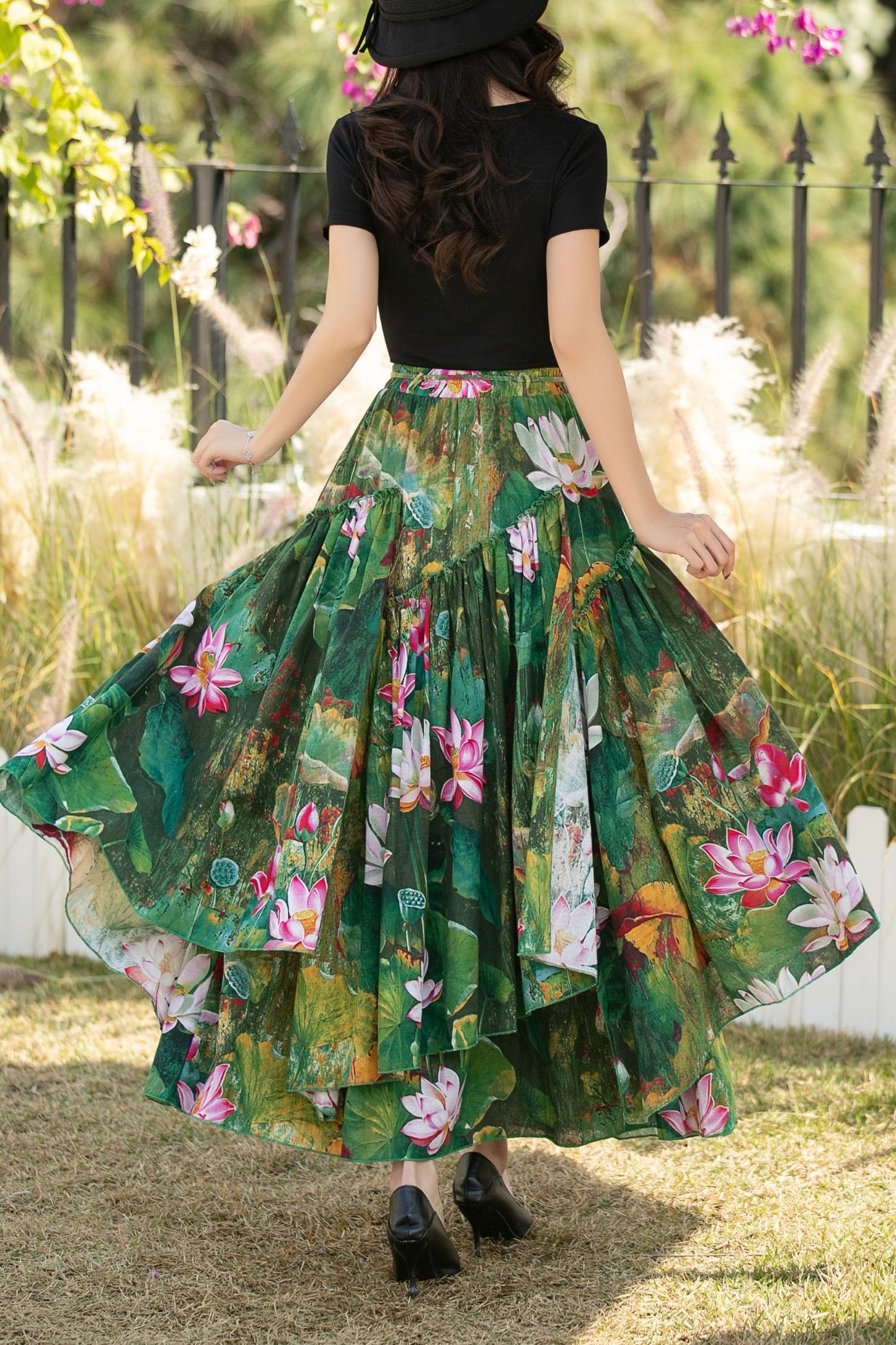 Green Floral Linen Cotton Maxi Skirt with Elastic waistband – High Waisted Pleated Full Skirt for Women, Ylistyle C5438