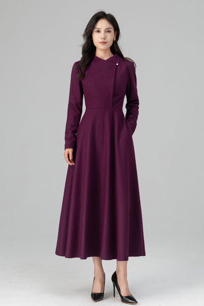 Winter Deep Purple Long Swing Wool Dress Women C5207