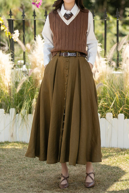 Army Green Linen Maxi Skirt: High Waist Button Front A-Line Swing Skirt, Ylistyle C5444