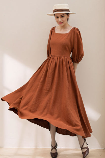 Puffy Sleeve womens long Linen Dress C5360