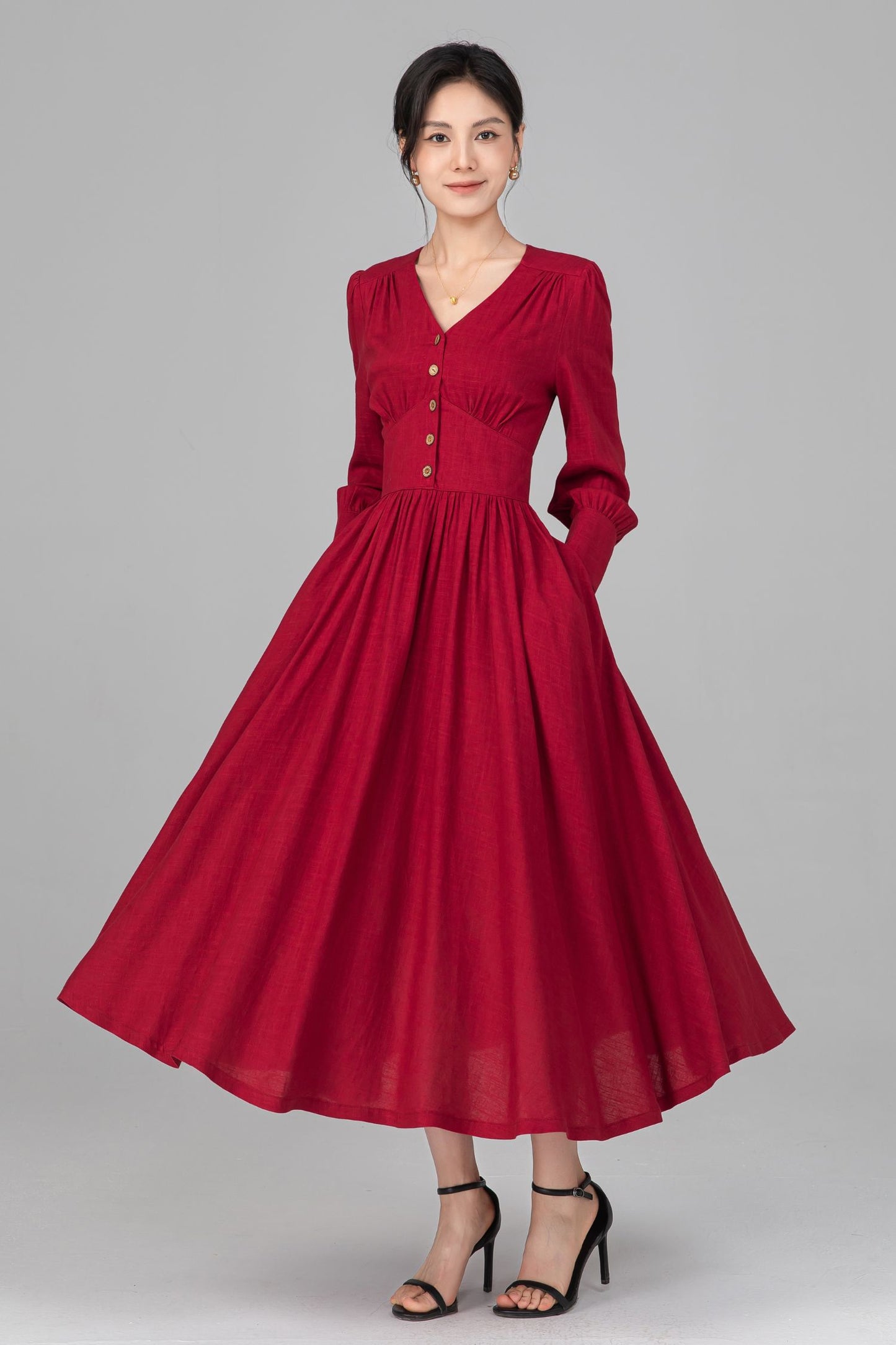Red Linen Midi Dress - Button Front, V-Neck, Long Sleeve c5516