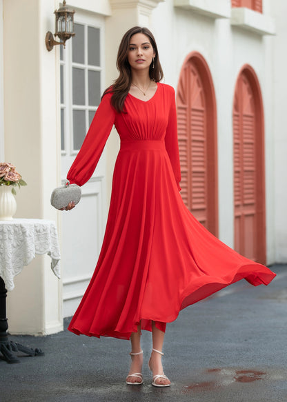 red fit and flare long chiffon dress C5397