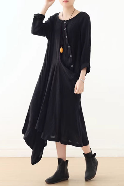 Irregular loose fitting long linen dress women C5424
