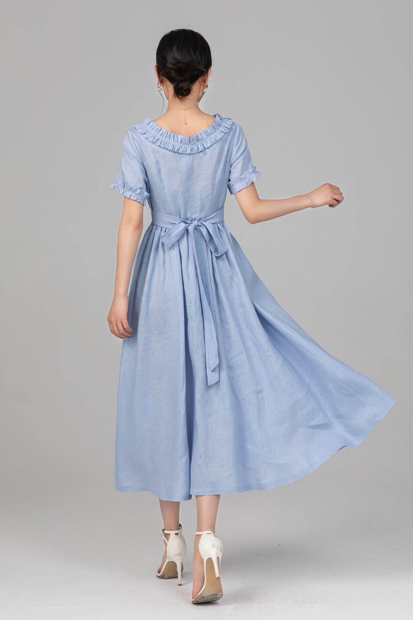 Light Blue Linen Midi Dress - Ruffle Neckline, Fit-and-Flare Silhouette c5518