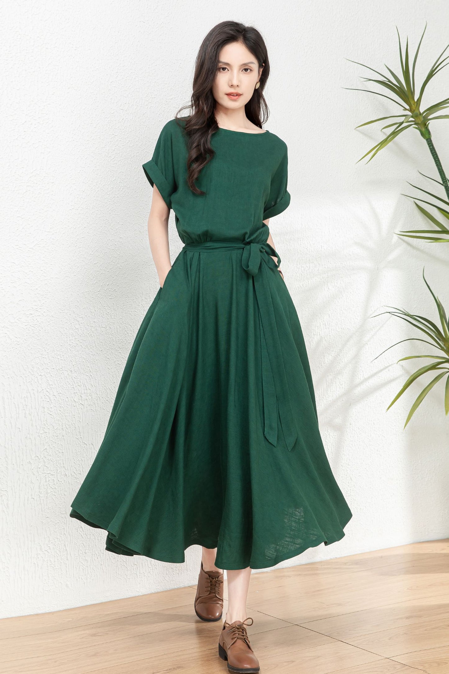 Linen midi swing green dress C4770