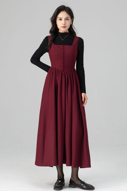 Square Neck Maxi Pinafore Wool Dress for Women C5201
