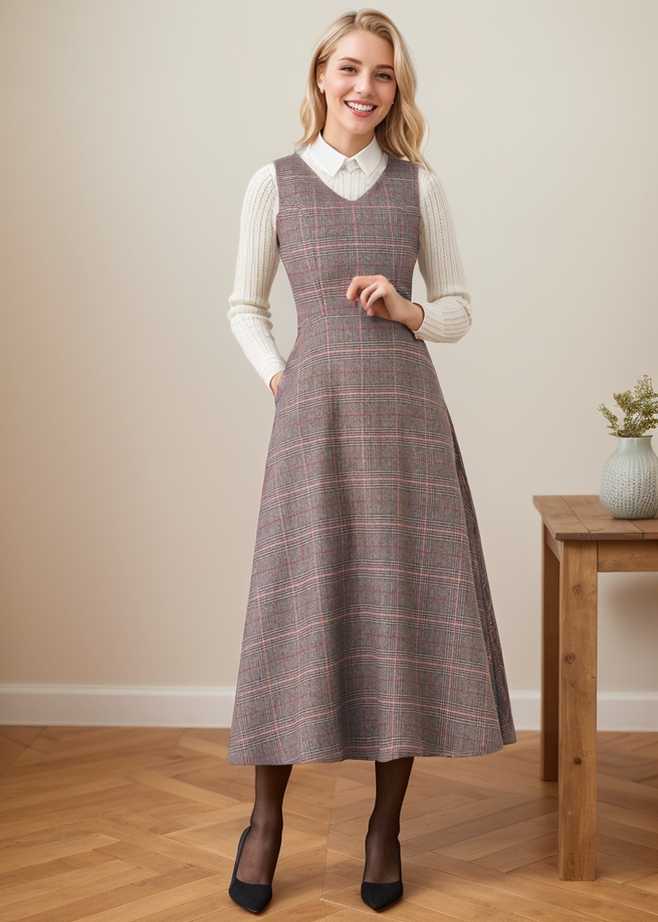 Autumn Winter Sleeveless Plaid Wool dress Women C4365