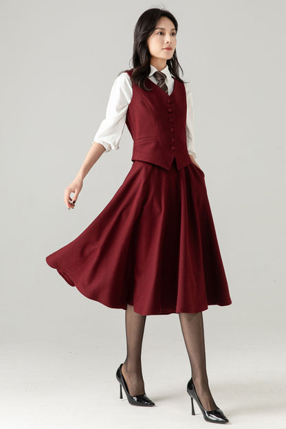 Burgundy Wool Blend Waistcoat: Vintage-Inspired Vest with Adjustable Back Tab, Ylistyle C5370