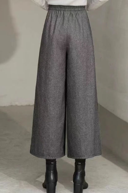 Wide leg midi gray wool pants women C5349