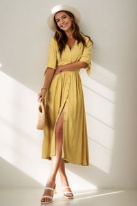 Deep V neck Linen party Dress C4068