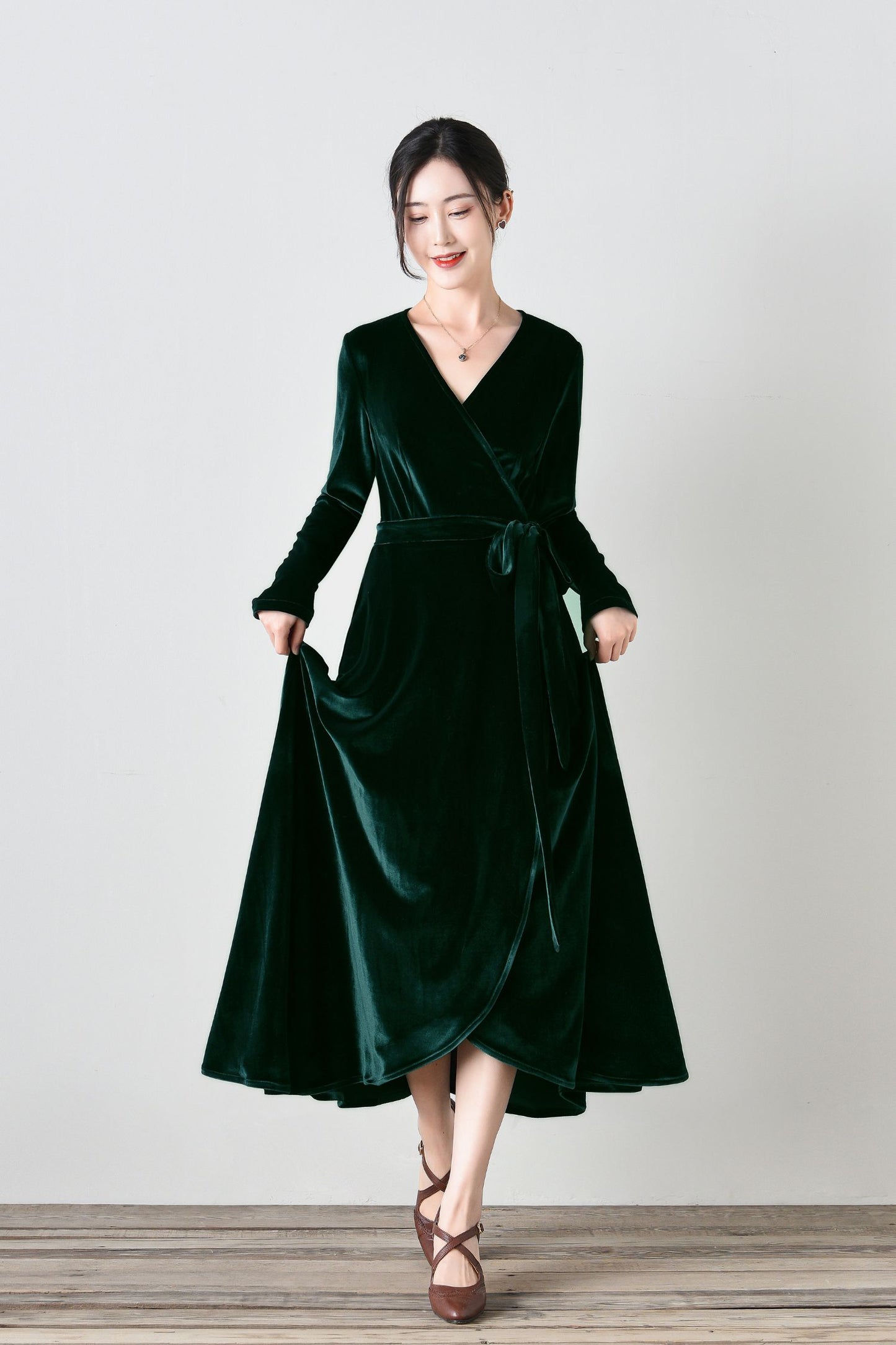 Long Velvet Wrap Dress with Belt C4695