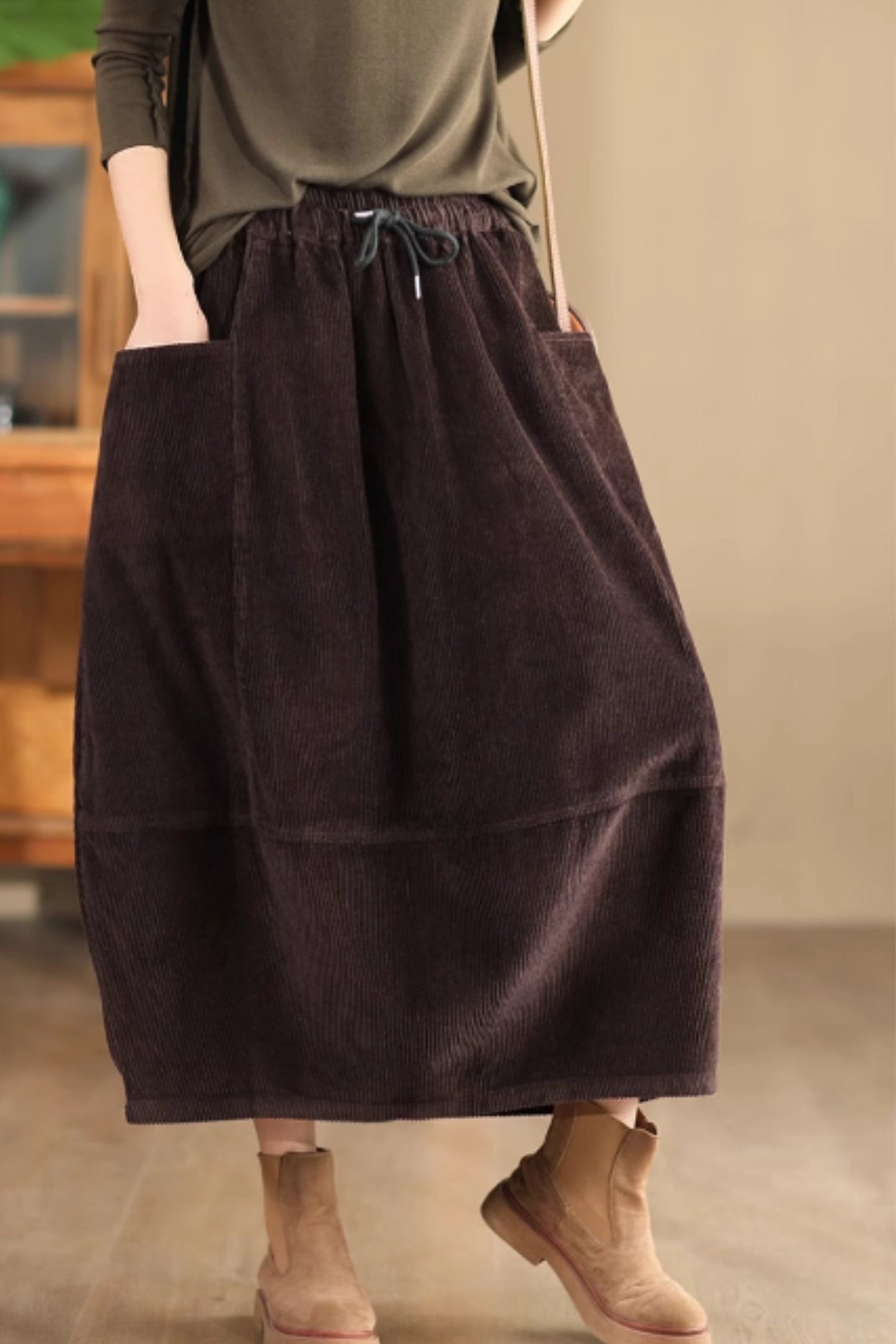 Midi corduroy skirts with drawstring waist C5351
