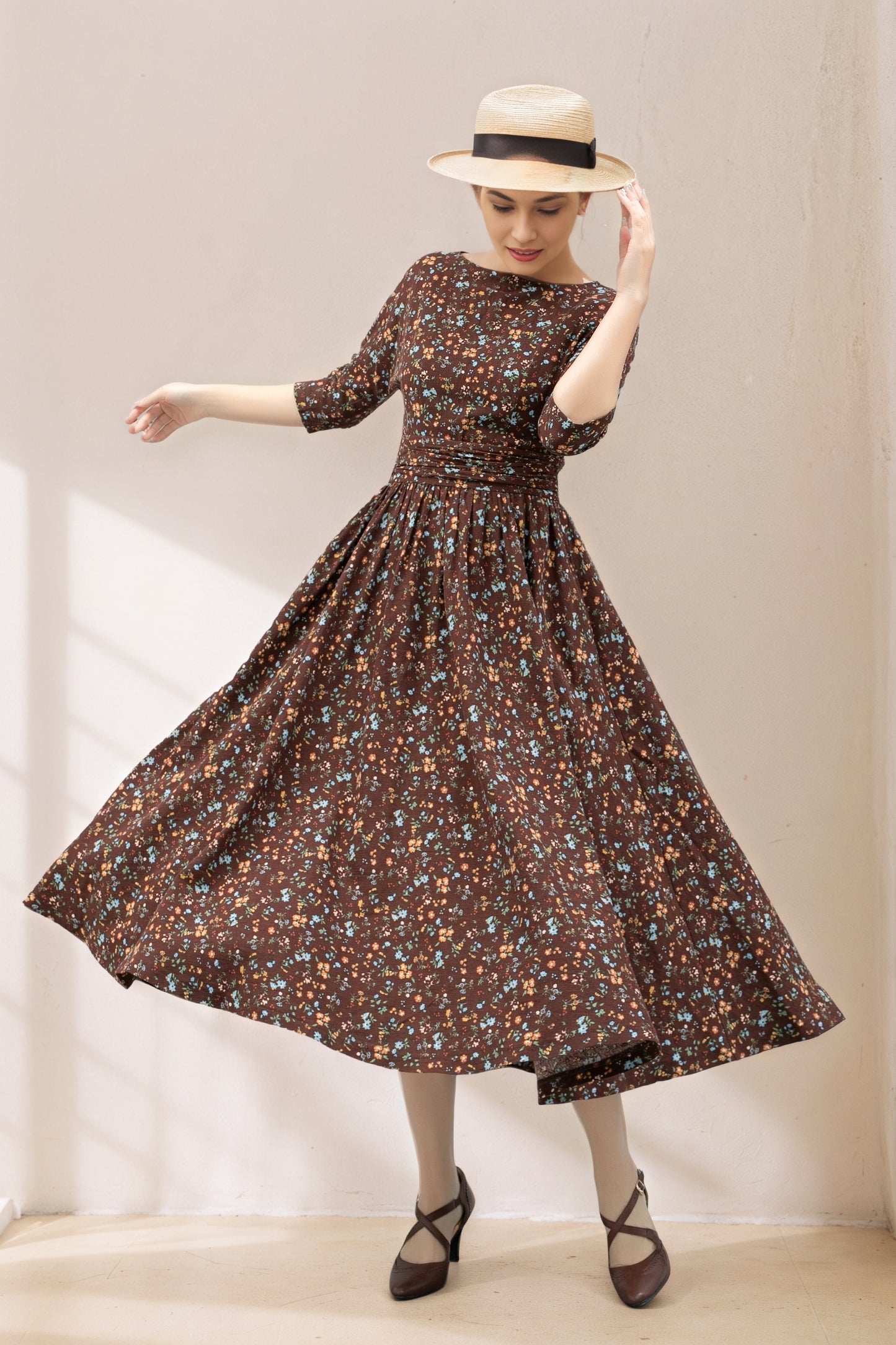 Vintage Inspired Floral Linen Midi Dress C5362
