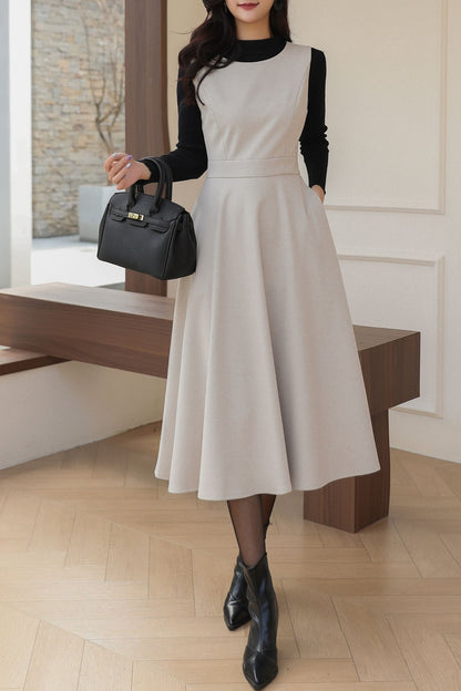 Sleeveless A-Line Midi Wool Dress C5193
