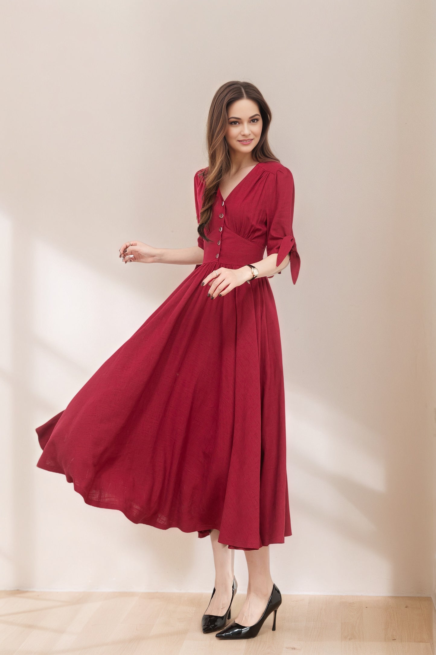 Burgundy fit and flare linen dress C5368