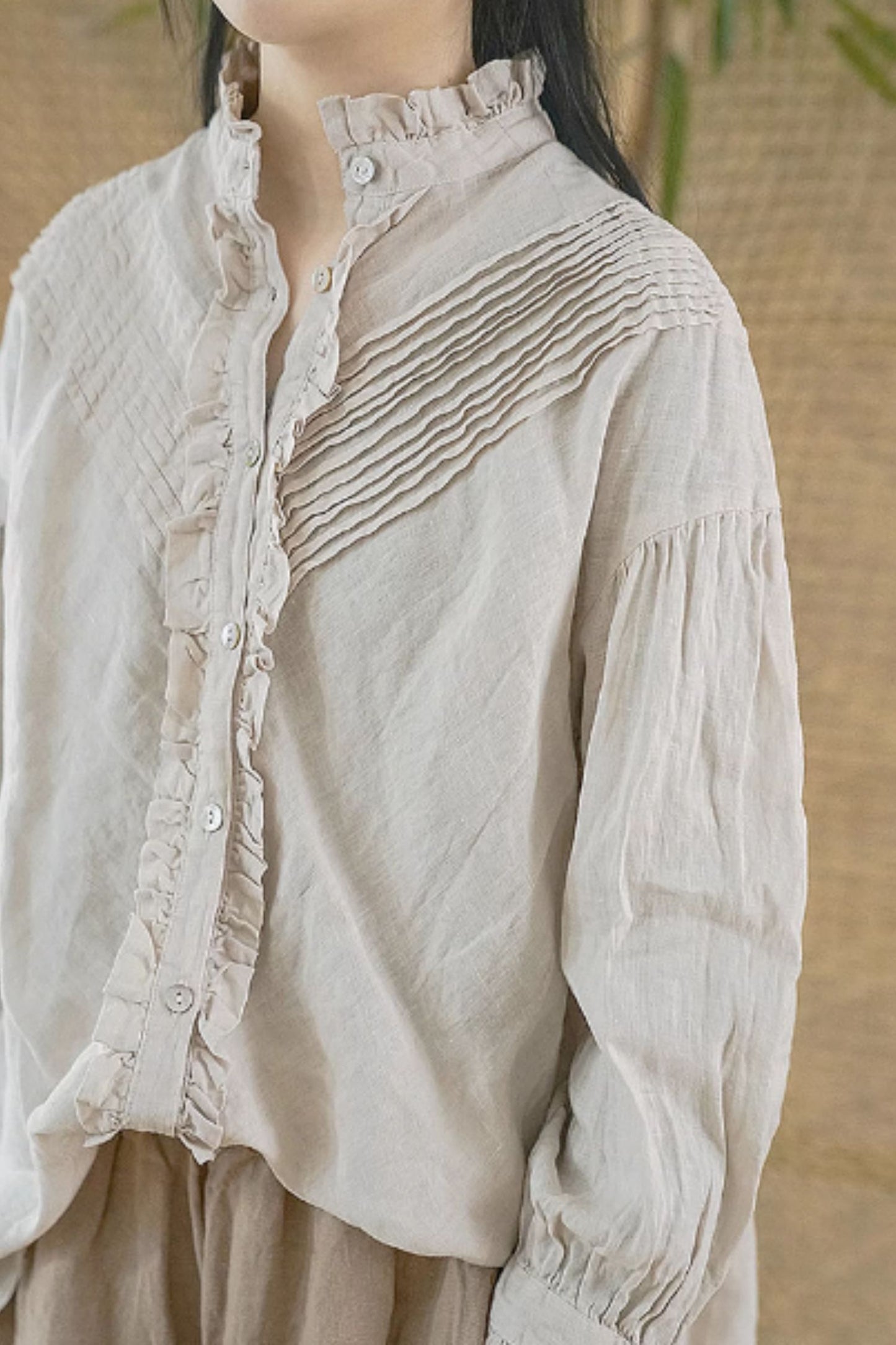 Casual linen shirt top with ruffle details C5428