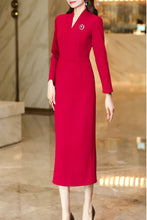 Load image into Gallery viewer, Women&#39;s Red Long Sleeves wool Dress C4171
