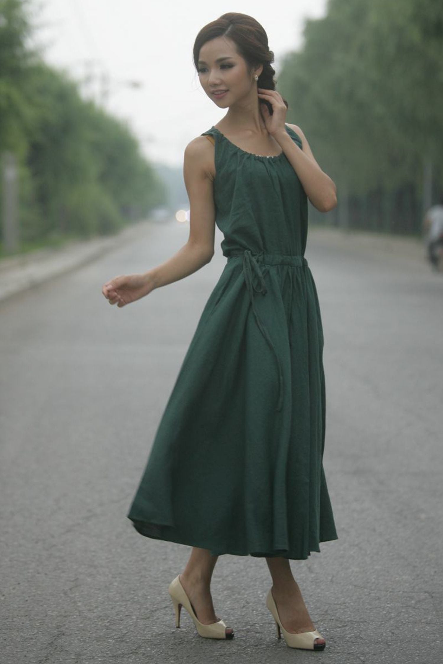 Green Sleeveless Linen Dress C152 Green / Custom size Green Sleeveless Linen Dress C152 Green / Custom size