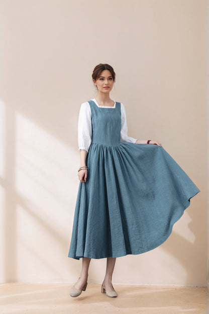 Handmade Pleated Swing Midi Linen Dress C5388