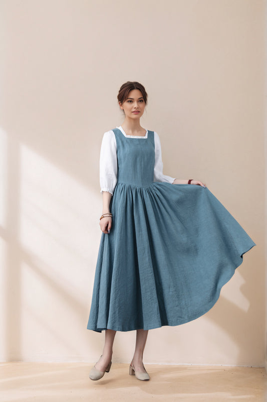 Handmade Pleated Swing Midi Linen Dress C5388