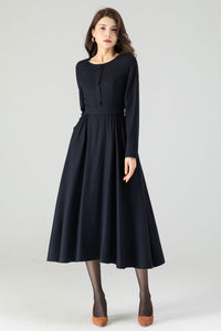 Navy Blue Midi Wool Dress C3616