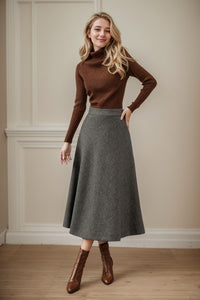 Plaid midi a line wool skirt C4446