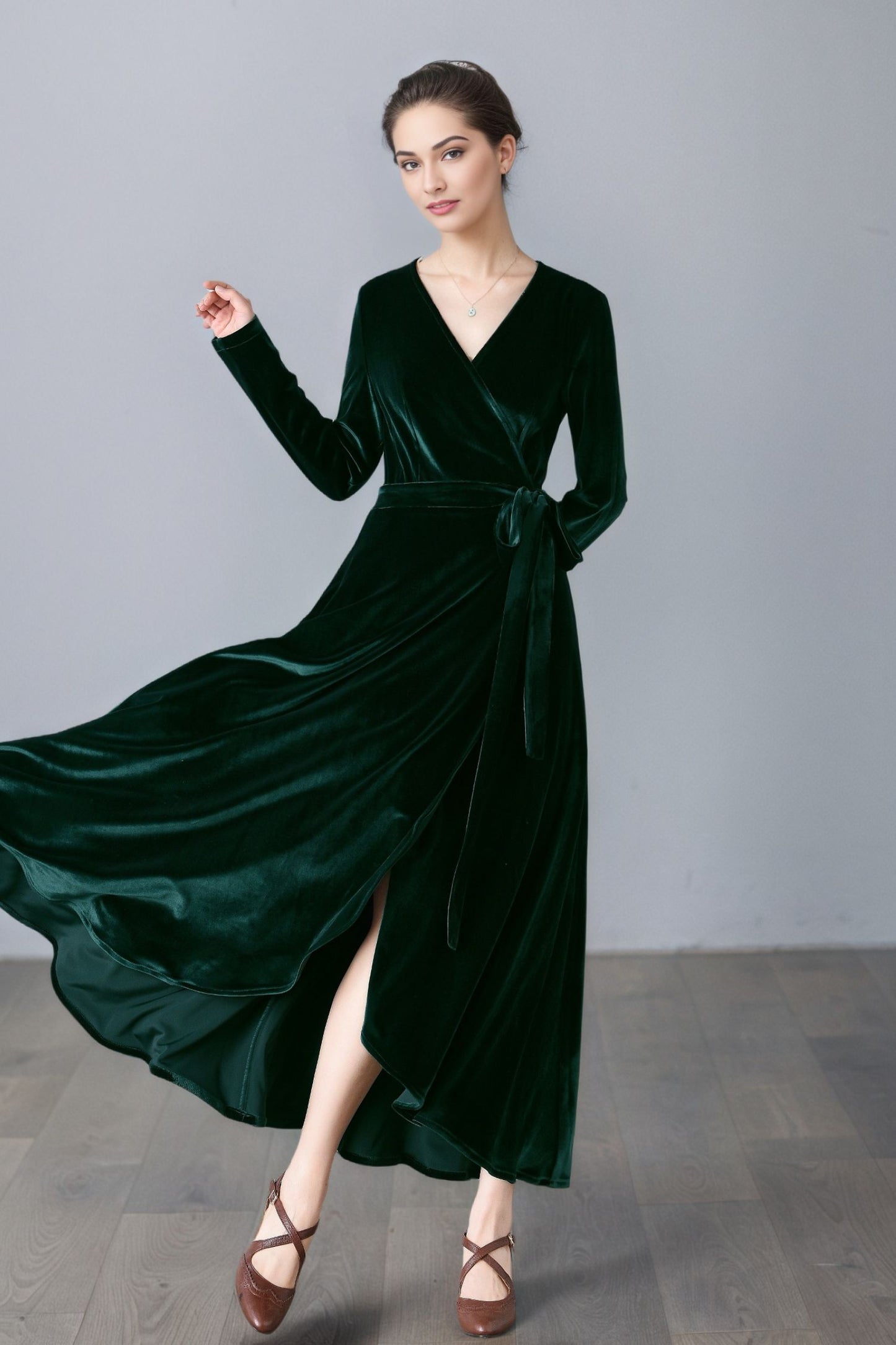 Long Velvet Wrap Dress with Belt C5358