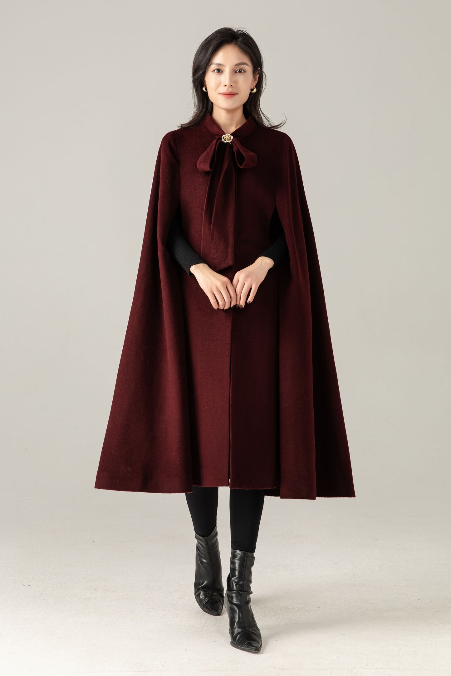 Burgundy Wool Blend Cape Coat: Women Long Winter Cape Outerwear, Ylistyle C5378