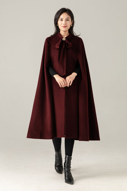 Burgundy Wool Blend Cape Coat: Women Long Winter Cape Outerwear, Ylistyle C5378