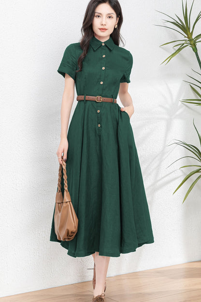 Dark Green Midi Linen Dress c4899