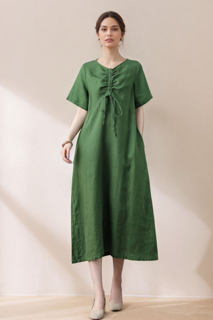 Light Green Linen Dress - Loose Fit Midi with Drawstring Detail c5390