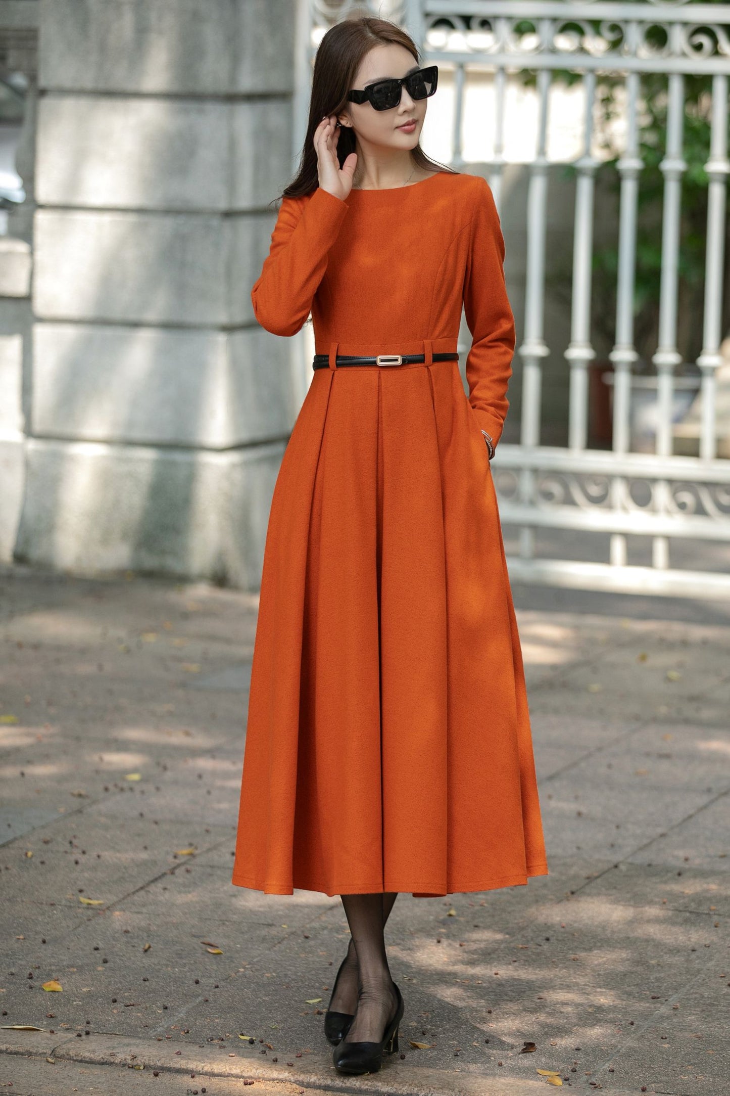 Maxi swing pleated winter wool dress C4482