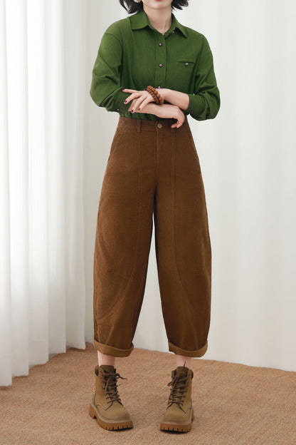 Brown Cotton Corduroy Barrel Pants - High Waist Relaxed Fit Cropped Trousers c5449