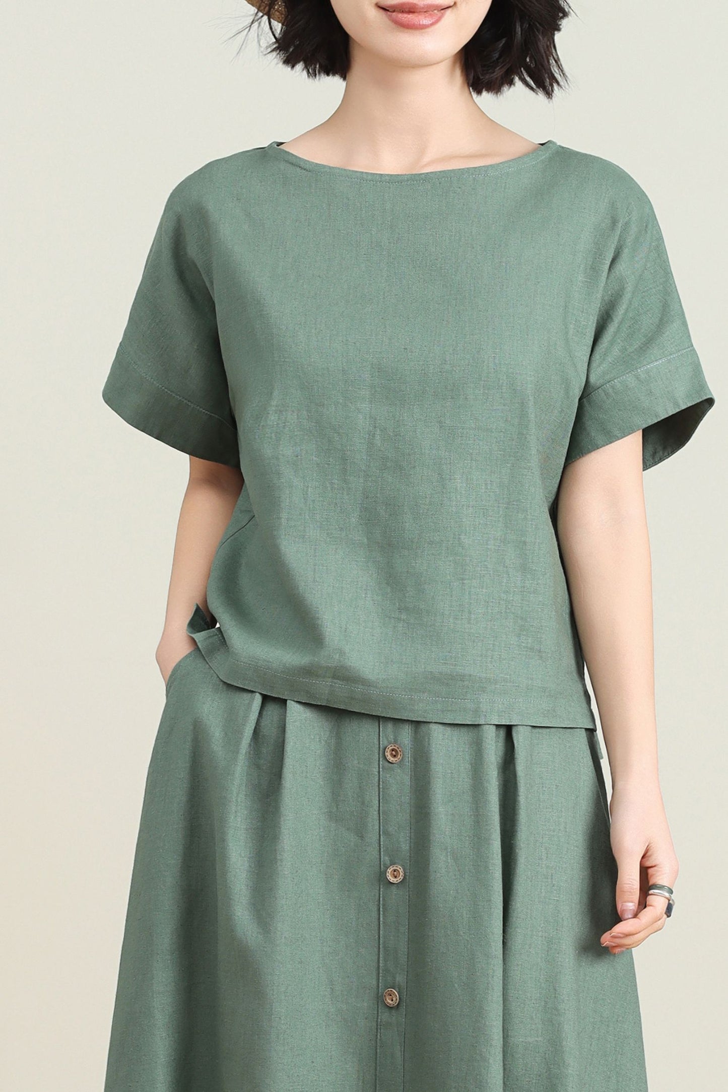 Green casual linen summer blouse C4727