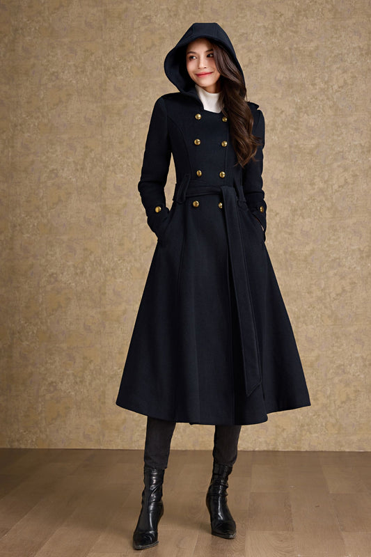 Double breasted hooded long wool coat C4480