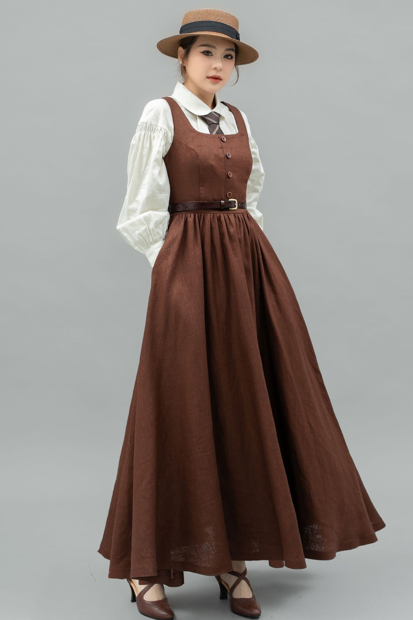 Brown linen Pinafore Maxi Dress C4746