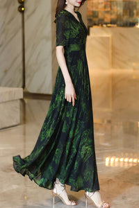 Dark green chiffon printed dress women summer C4122