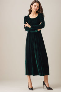 Green Velvet Autumn Dress Women C4328