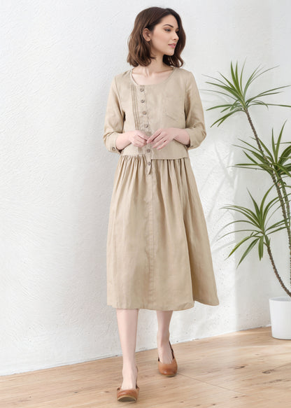Khaki Women Asymmetrical Linen Maxi Dress C5417
