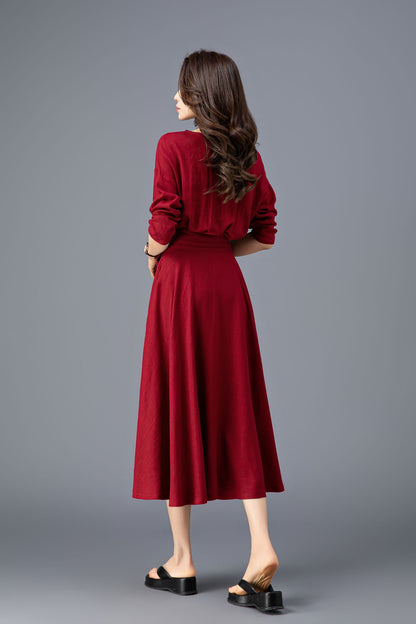 Women's Spring Burgundy Linen belted Dress C3909