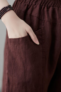 Brown Casual Cropped Linen Pants C2124