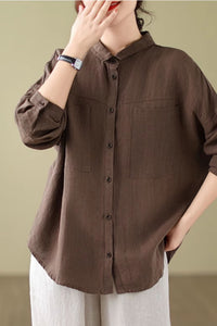 Long sleeves linen shirt top women C4436