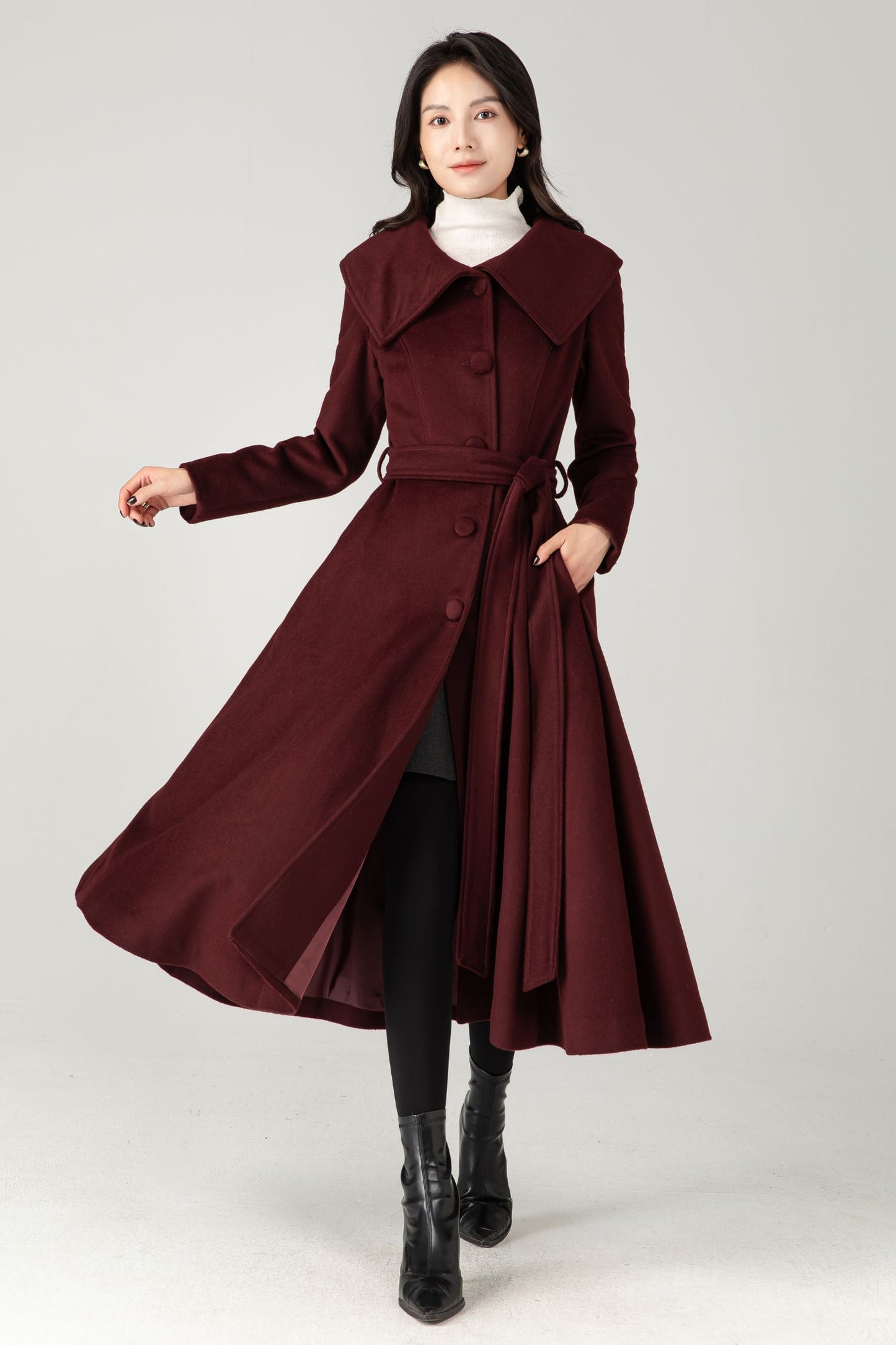 Burgundy Wool Blend Midi Coat: Belted Winter Swing Coat C5337