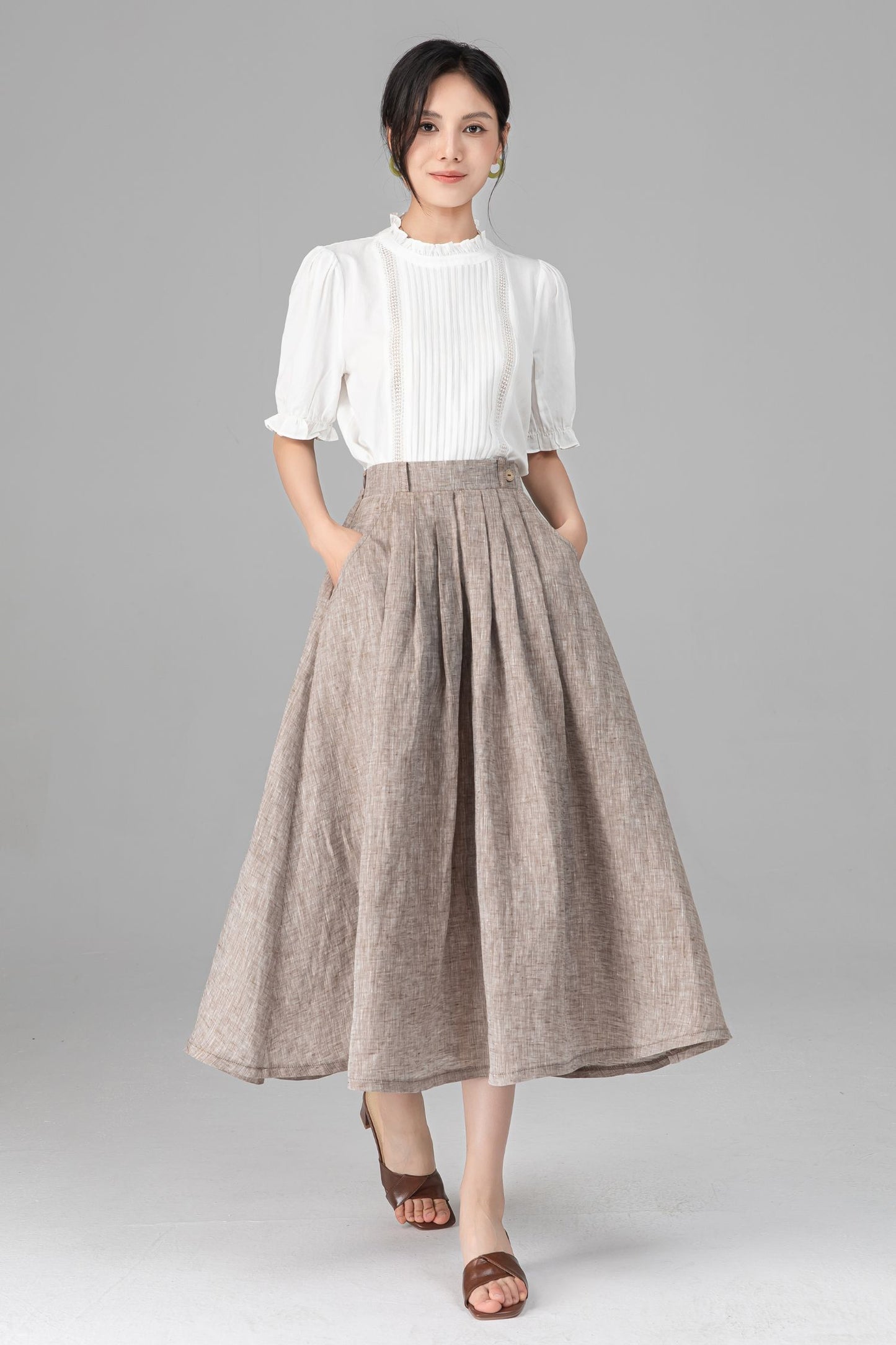 Beige Linen A-Line Midi Skirt with Pockets - Pleated & Comfortable C5520