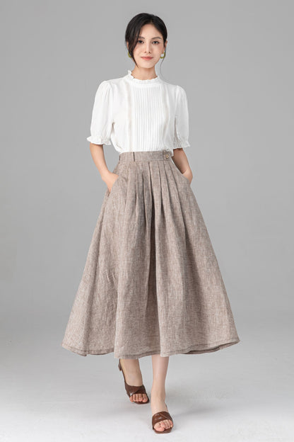 Beige Linen A-Line Midi Skirt with Pockets - Pleated & Comfortable C5520