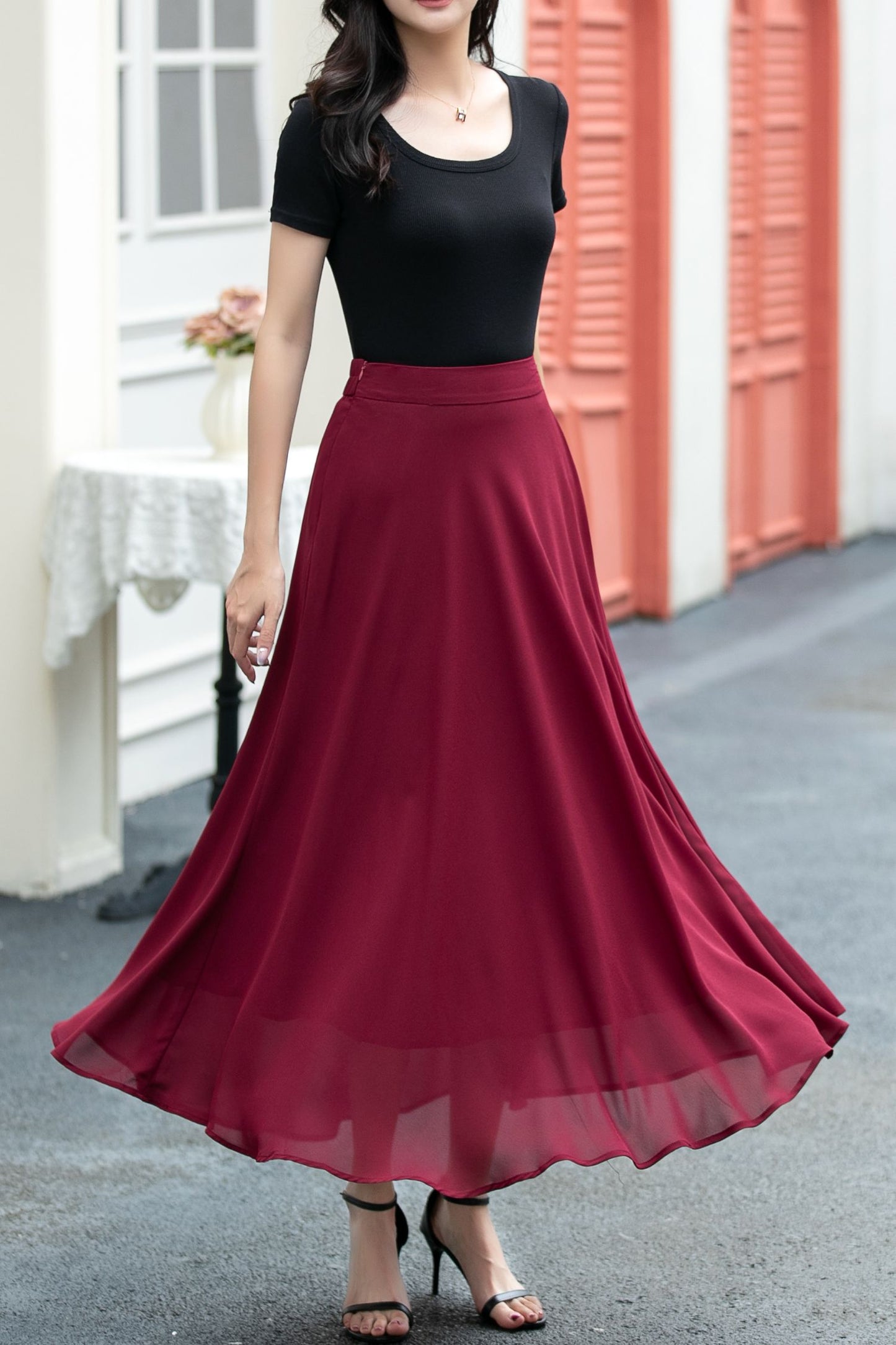 A line high waist long chiffon skirt C5037