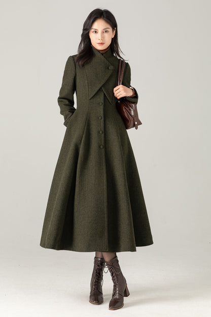 Olive Green Wool Blend Maxi Coat - Fit and Flare with Asymmetric Collar 5373