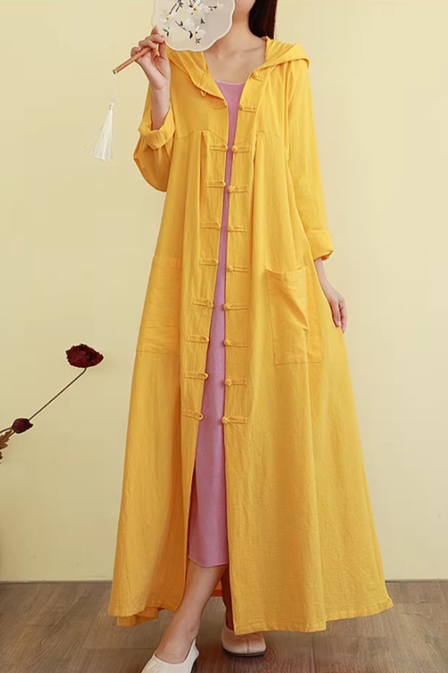 Hooded long linen shirt dress women C5430
