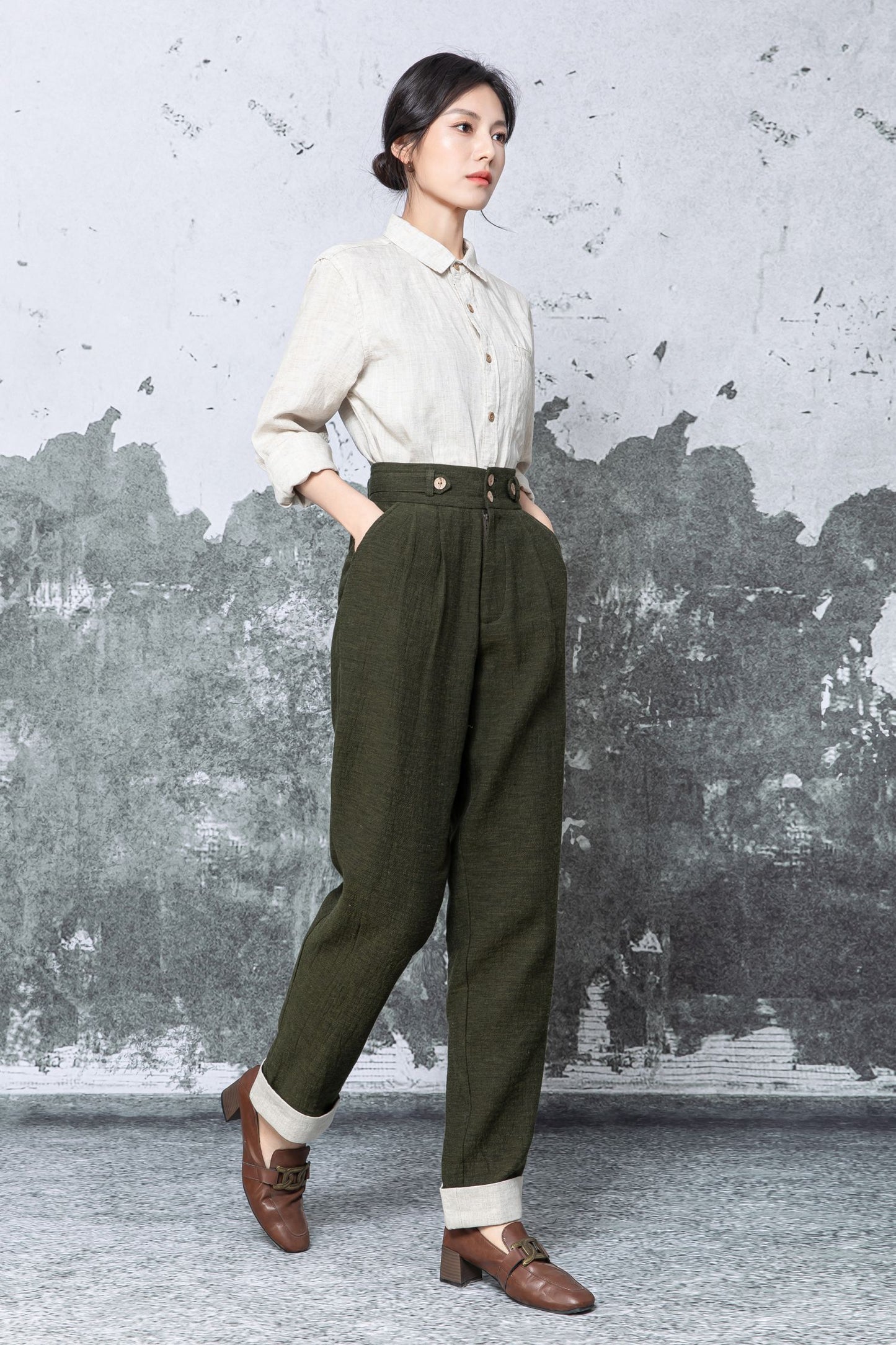 Olive Linen Blend Wide Leg Trousers - High Waist Relaxed Fit c5477
